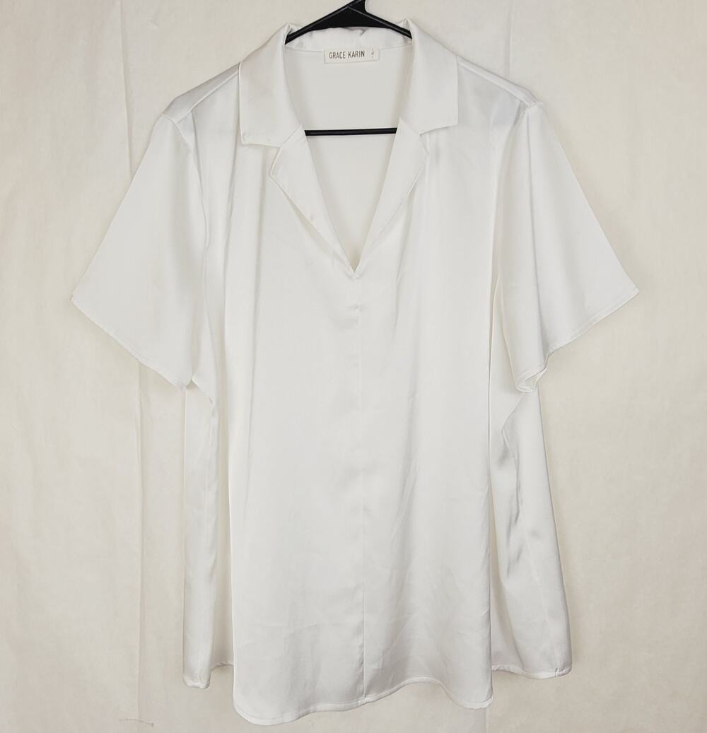 Grace Karin white satin collared Vneck top Size XL Minimal Classic Office Staple